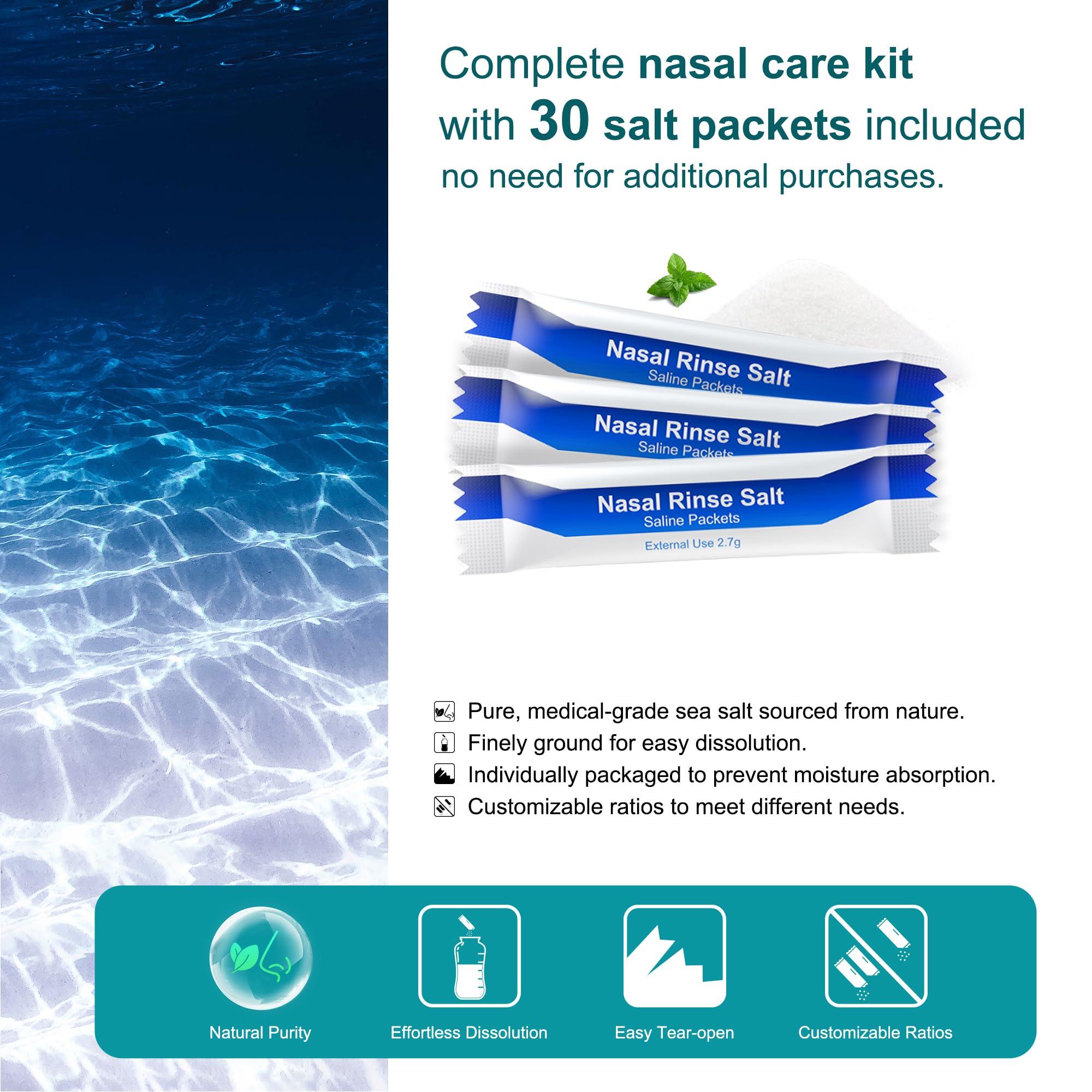 MAOEVER Neti Pot Sinus Rinse Bottle Nose Wash Cleaner Pressure Rinse Nasal Irrigation for Adult & Kid BPA Free 300 ML with 30 Nasal Wash Salt Packets and Sticker Thermometer