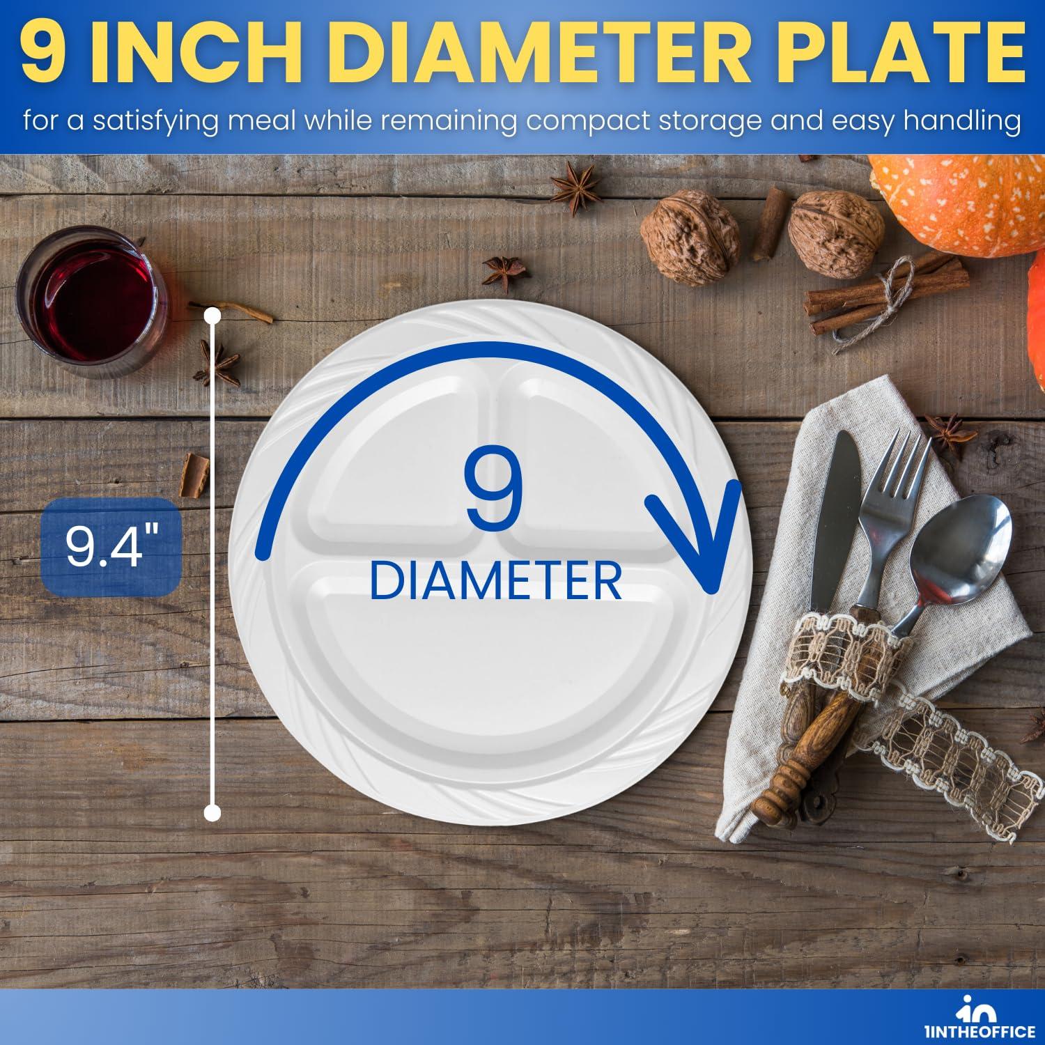 1InTheHome 1InTheHome 3 Compartment plates 9 inch Plastic Sectional Plates, Disposable Plates with Compartment, Round White Sectional Plates 9-inch diameter 125 pcs