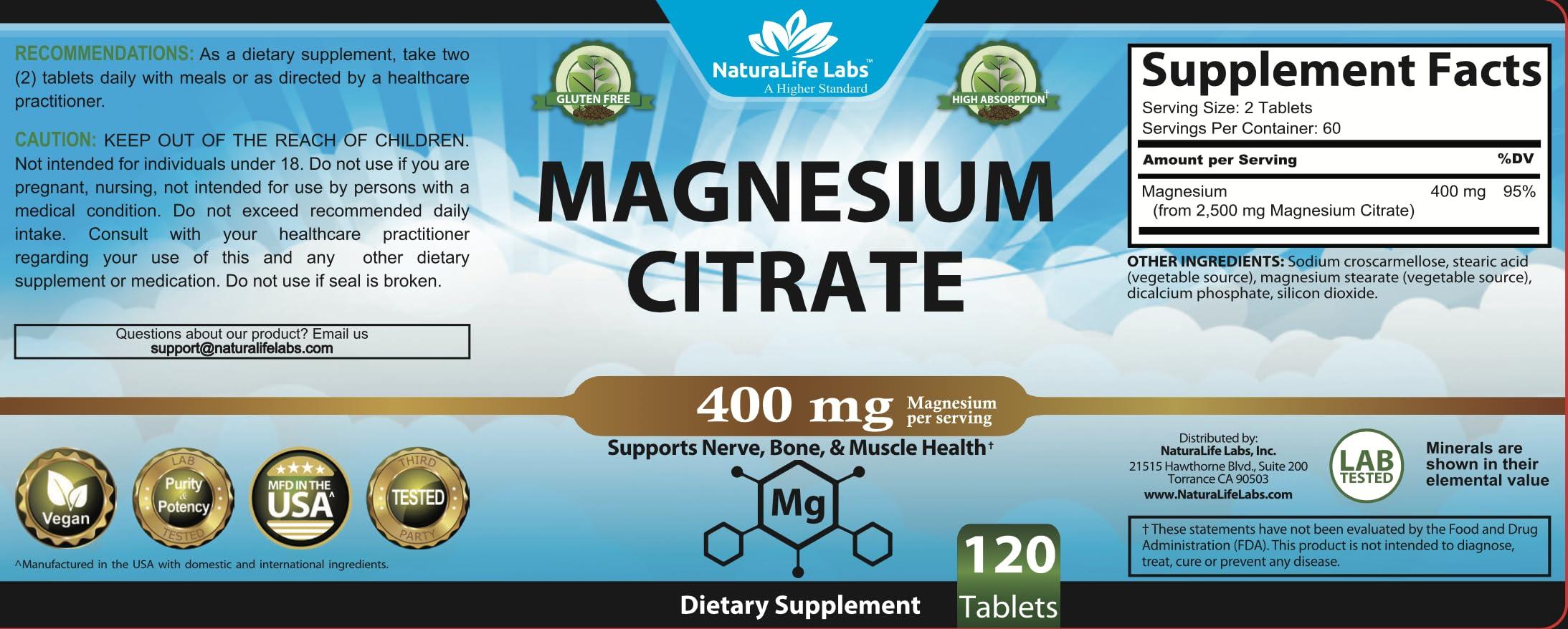 NaturaLife Labs Magnesium Citrate 400 mg - High Potency Elemental Magnesium Essential Mineral for Heart, Muscle, & Digestion Support Non-GMO - 120 Tablets