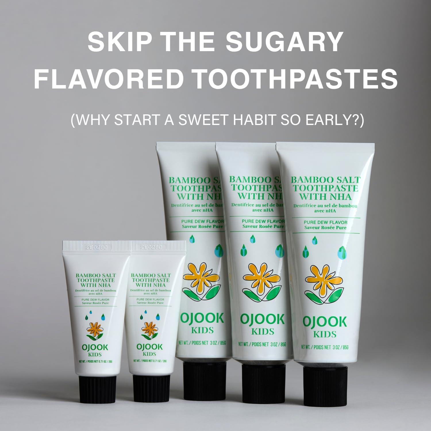 OJOOK OJOOK Kids Fluoride Free Bamboo Salt Toothpaste with nHA - Pure Dew | Nano Hydroxyapatite, Remineralizing, Strengthening Enamel for First Teeth, Safe to Swallow (3oz)