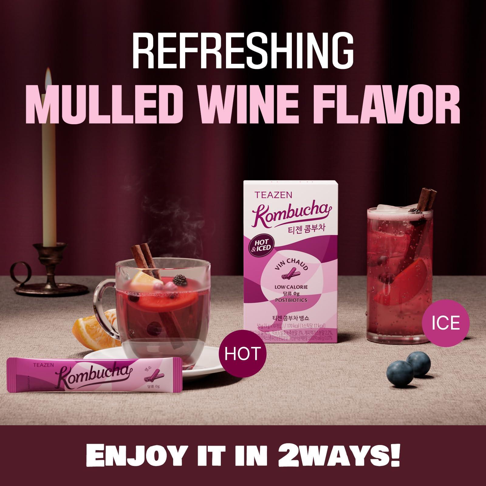 TEAZEN TEAZEN Mulled Wine Kombucha Tea, Spice Tea, Live Probiotics & Postbiotics, Relaxation and Warmth for Colds and Sore Throat, Electrolyte & Hydration Drink Mix, Sugar Free, 10 Sticks, 1.76oz