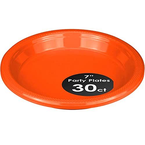 DecorRack DecorRack 30 Small Plastic Plates, Heavy Duty 7 inch Colored Plastic Dinner Plates, Disposable Party Ware for Kids Birthday, Cake Dessert Plates, Holiday Tableware, Orange (Pack of 30)
