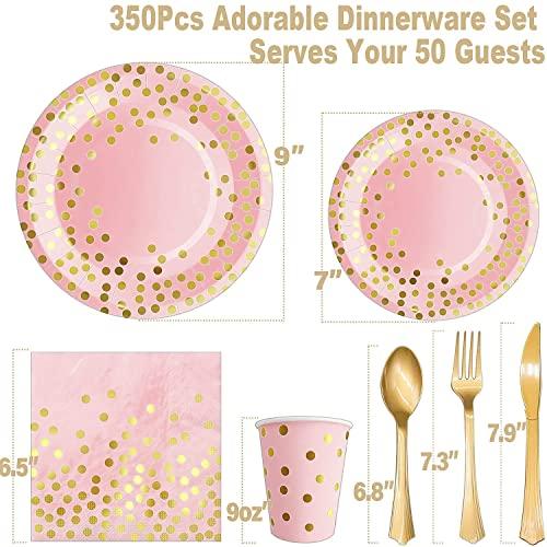 AIRE 350PCS Pink and Gold Party Plates with 6Pack Black and Gold Plastic Tablecloth, Severs 25 Disposable Party Supplies, Just Enjoy Your Party