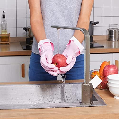 Forcom Reusable Household Cleaning Gloves, PVC Kitchen Gloves, Flocked Lining, Latex Free Dish Gloves, Non-Slip, 2 Pairs (Pink, Small)