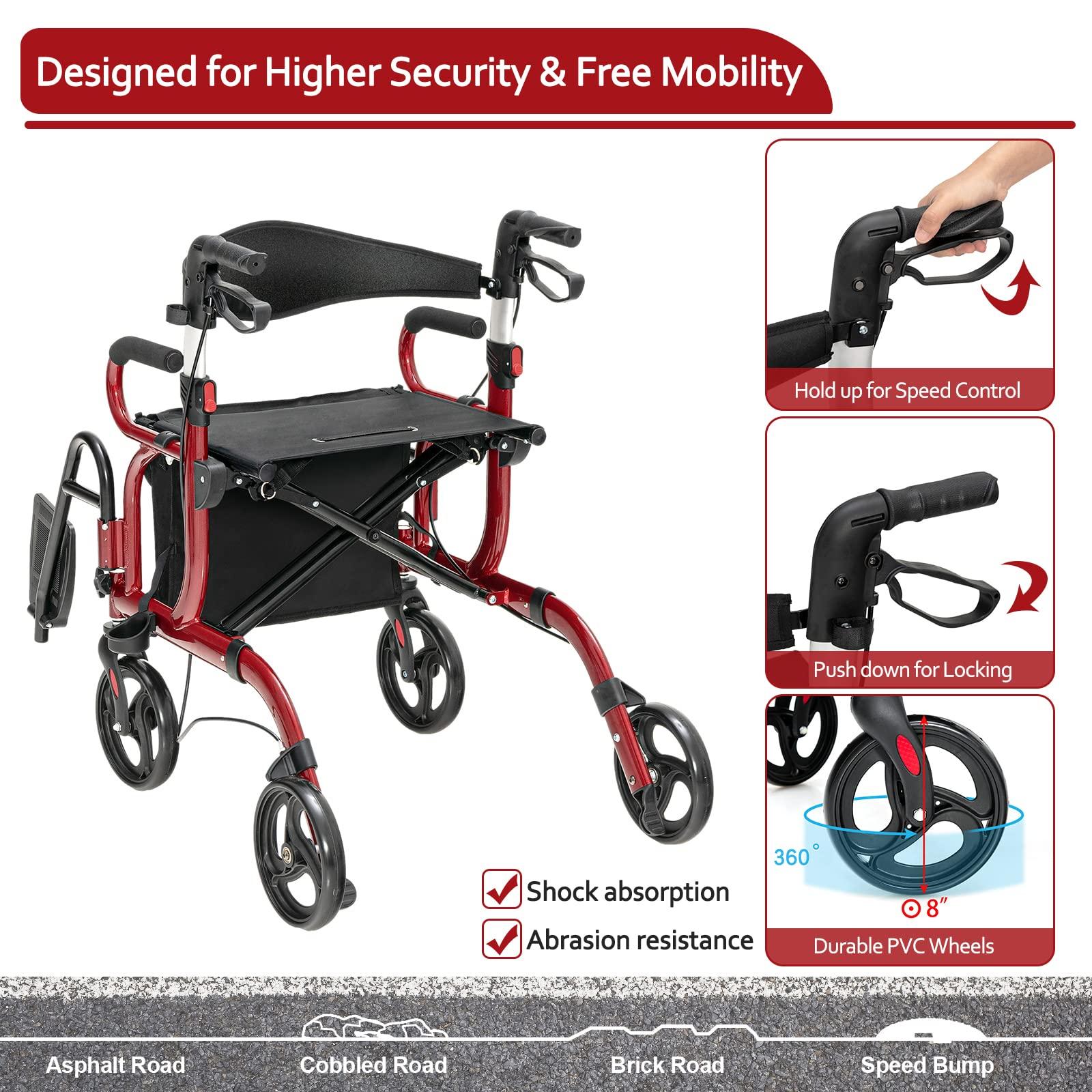 GOFLAME GOFLAME 2-in-1 Rollator Walker for Seniors, Folding Transport Chair with Seat, Reversible Backrest, Storage Bag, Height Adjustable Handle, Umbrella Holder & Pedal, 4 Wheel Mobility Walking Aid, Red