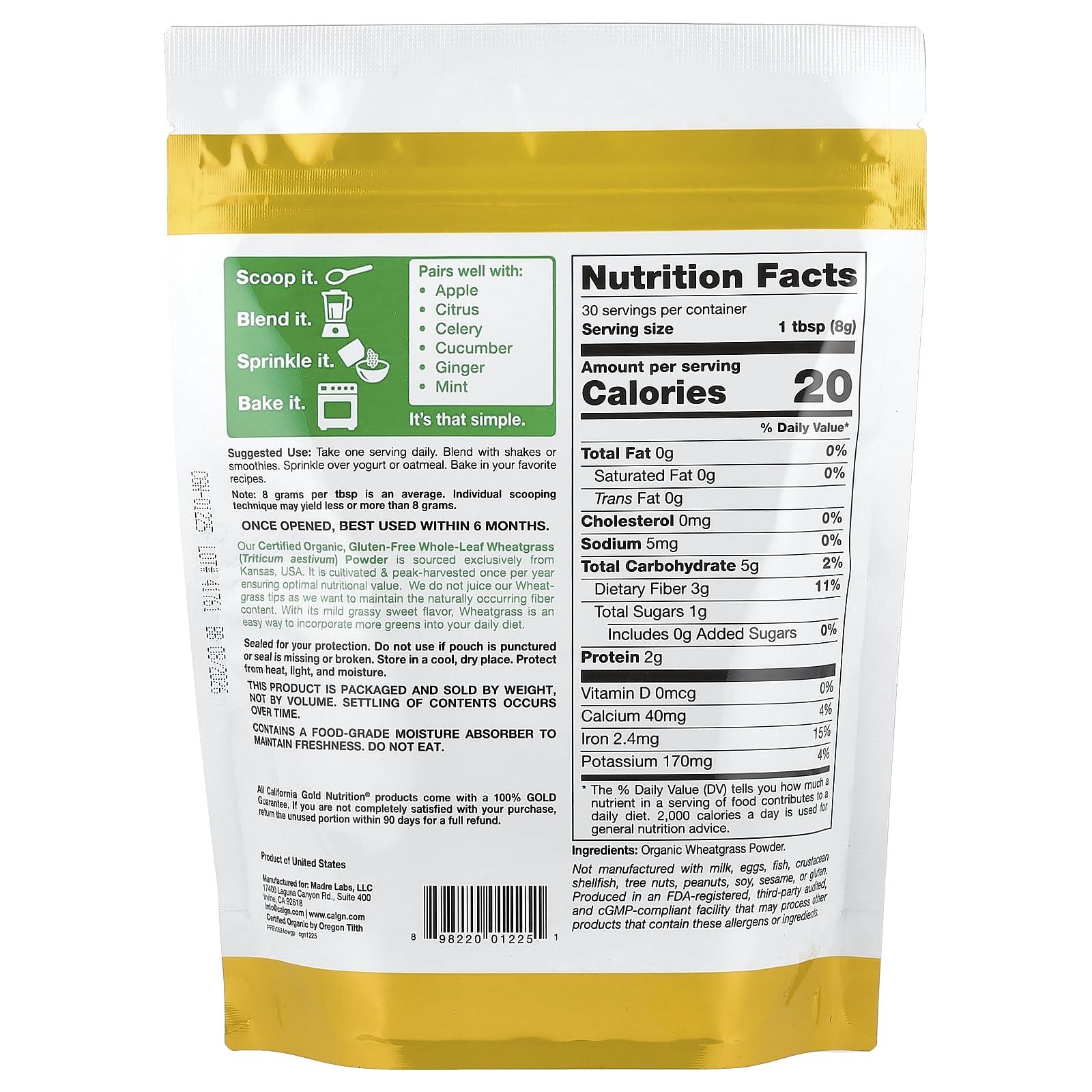California Gold Nutrition Organic Wheat Grass Powder, Sourced from USA, USDA Certified Organic, 8.5 oz (240 g)
