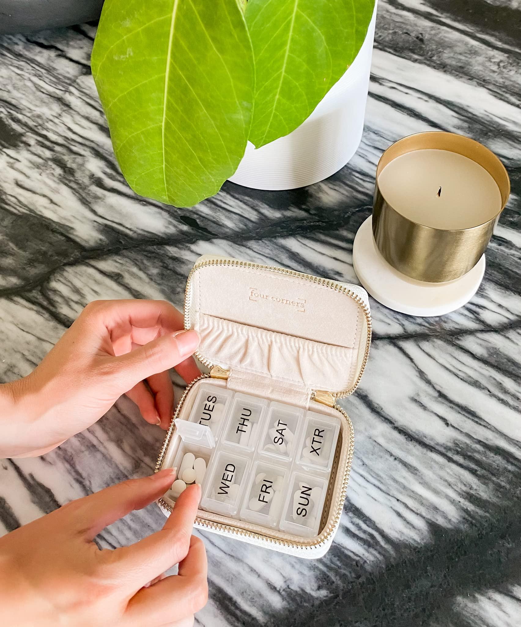 Four Corners Co Pill Organizer Vegan Leather Pill Case with Removable 7-Day Daily Pill Organizer a Travel Pill Organizer for Your Travel Essentials (White)