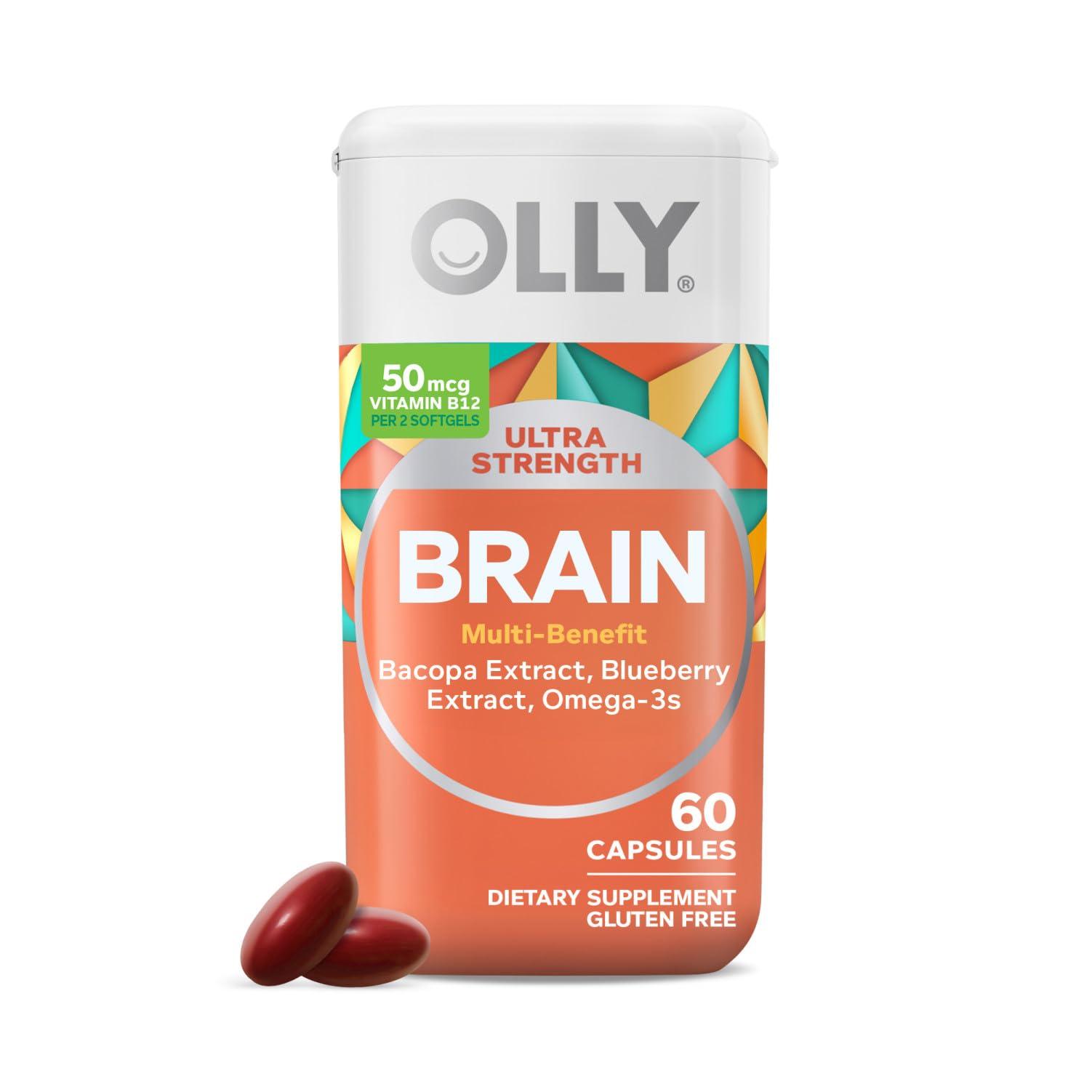 OLLY OLLY Ultra Strength Brain Softgels, Nootropic, Supports Healthy Brain Function, Memory, Focus and Concentration, Omega-3s, Vitamins B6 and B12, 30 Day Supply - 60 Count
