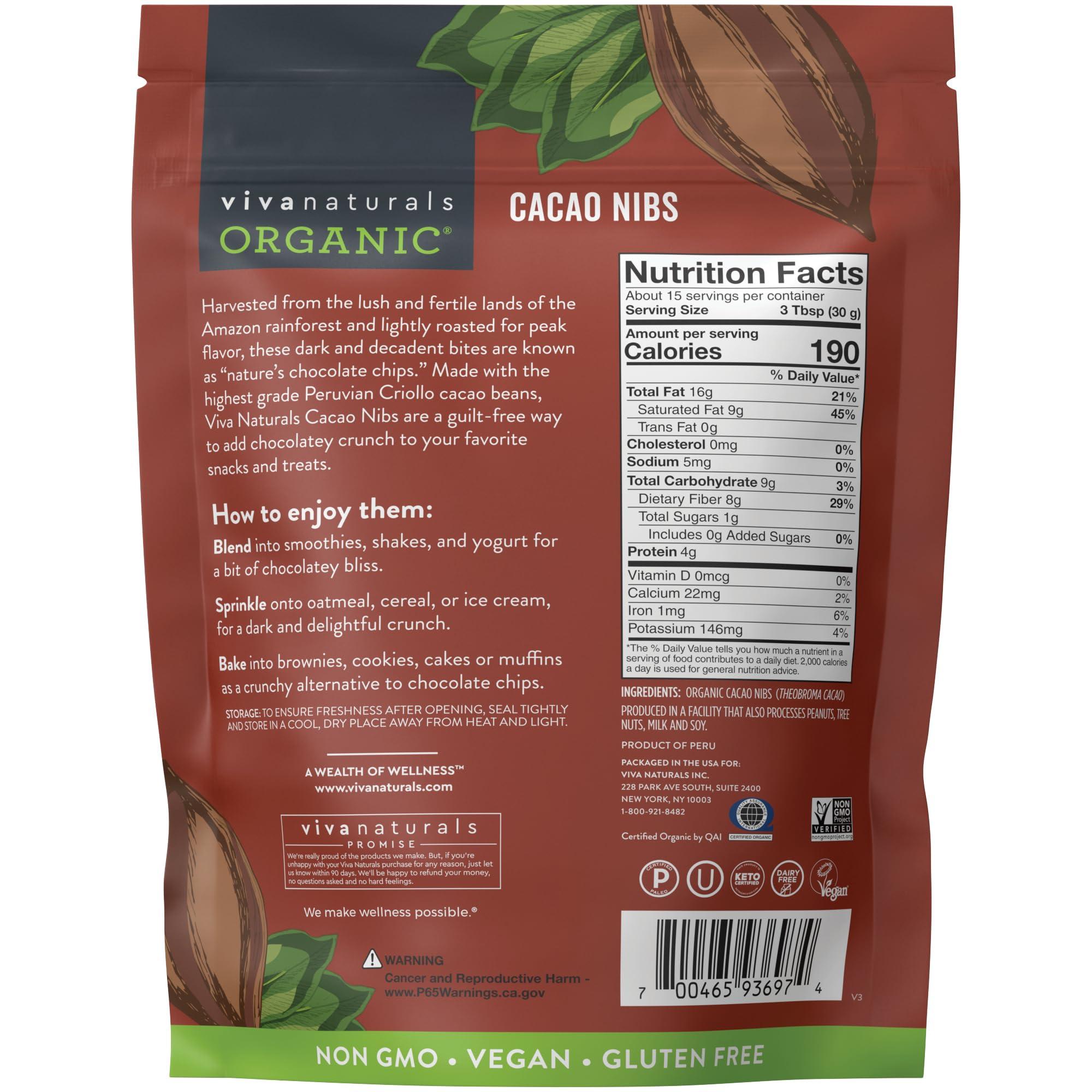 Viva Naturals Viva Naturals Organic Cacao Nibs, 1 Lb - Certified Keto and Vegan Superfood, Perfect for Gluten Free Baking, Cacao Nib Smoothies and Healthy Snacks, Premium Criollo Beans, Non-GMO