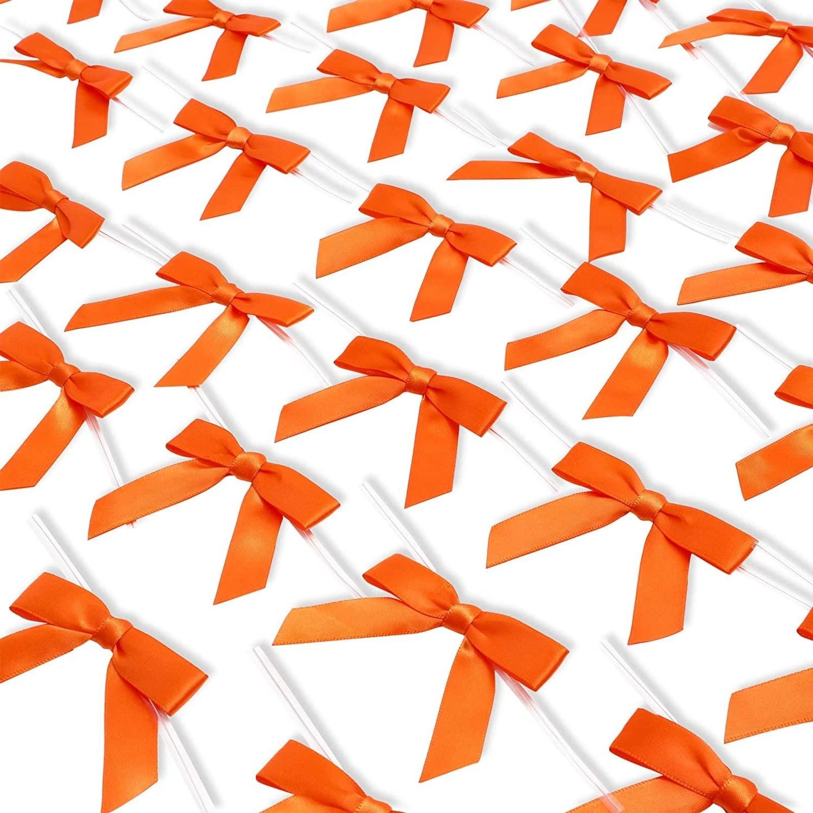 Bright Creations Bright Creations 100 Pack Orange Bow Twist Ties for Treat Bags, 3-Inch Pre-tied Satin Ribbons for Crafts, Gift Wrap, Themed Party Favors, Baked Goods