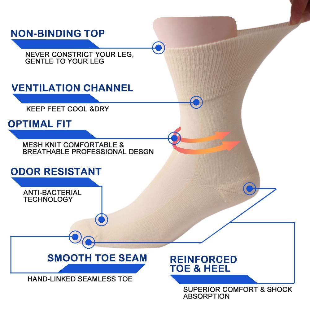Facool Facool Non-Binding Top Diabetic Socks, Men Women Comfort Smooth Seamless Toe Sensitivity Wide Medical Crew Mid-Calf Socks for Edema,Diabetes,Neuropathy,Circulation,Swelling, 6 Pairs Beige X-Large