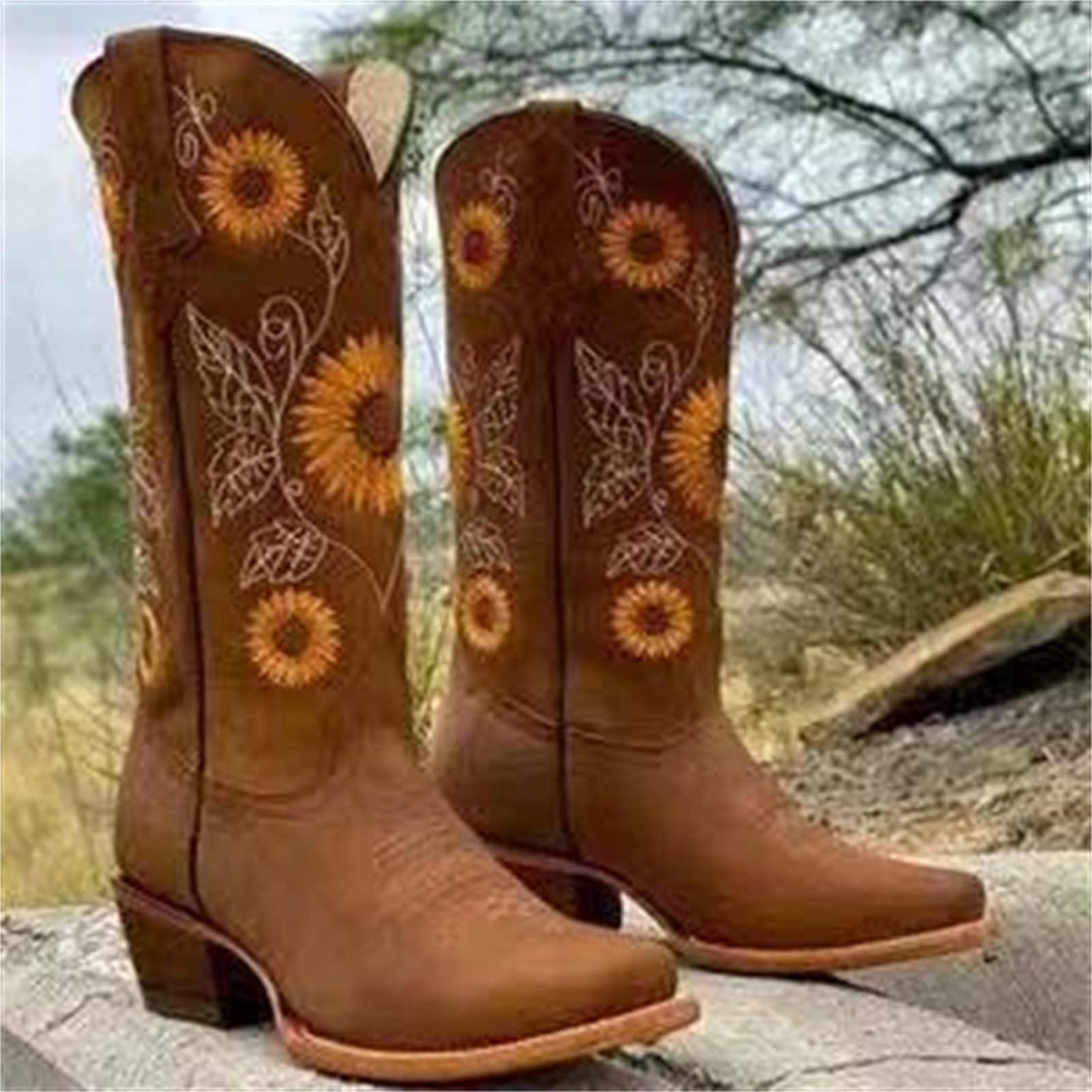 XHLEMON Cowboy Boots for Women Sunflower Embroidery Stitched Square Toe Low Heel Boot Mid-Calf Cowgirl Western Boots Ladies Pointy Toe Fashion Boots Khaki Brown Coffee US 5-10.5