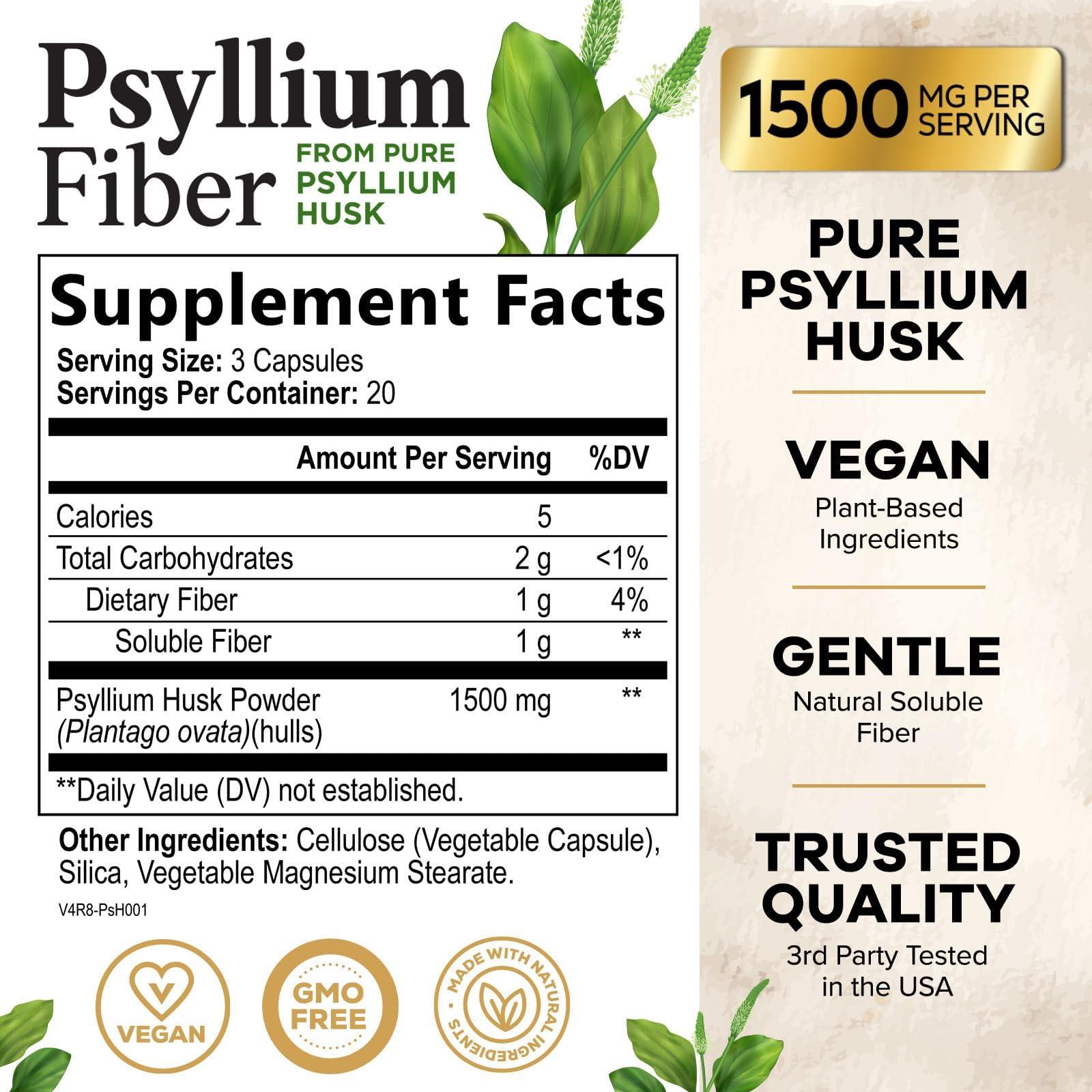 Nature's Nutrition Psyllium Husk Capsules 1500mg, Natural Daily Soluble & Insoluble Fiber, Psyllium Husk Powder Fiber Caps Supports Digestion Colon Health & Regularity, Non-GMO Gluten Free Supplement - 60 Veg Capsules