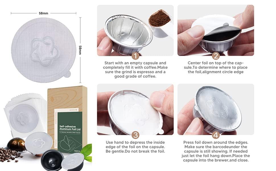RECAFIMIL RECAFIMIL Reusable Vertuo Capsule ReFill Grind Tool Kit for VertuoLine Capsules with Aluminum Foils Seals Compatible with Nespresso Vertuoline Pods (200 pcs foils)