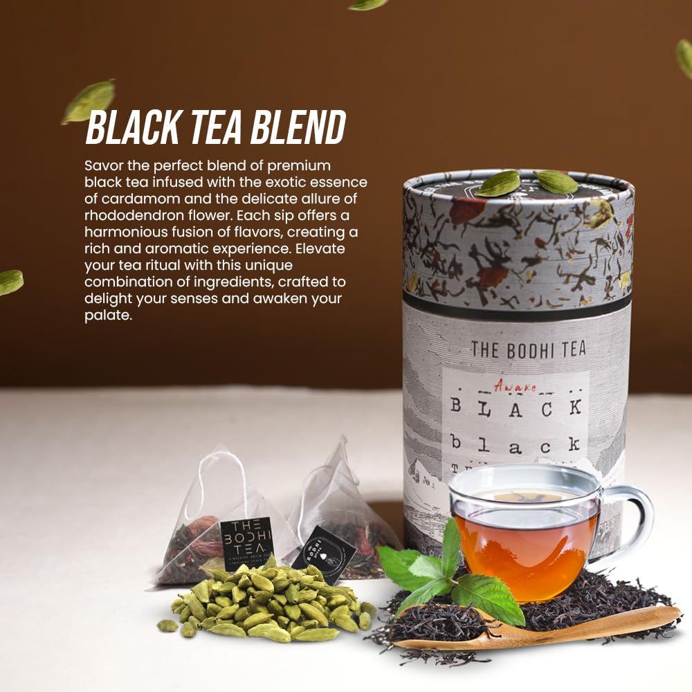 The Bodhi Press The Bodhi Press 100% Natural Ingredients Awake Black Tea Blend, Caffeine Free | Premium Pyramid Black Tea Bags, Cardamom & Rhododendron Flower | Aromatic Beverage - 8 Bags, 3g Each