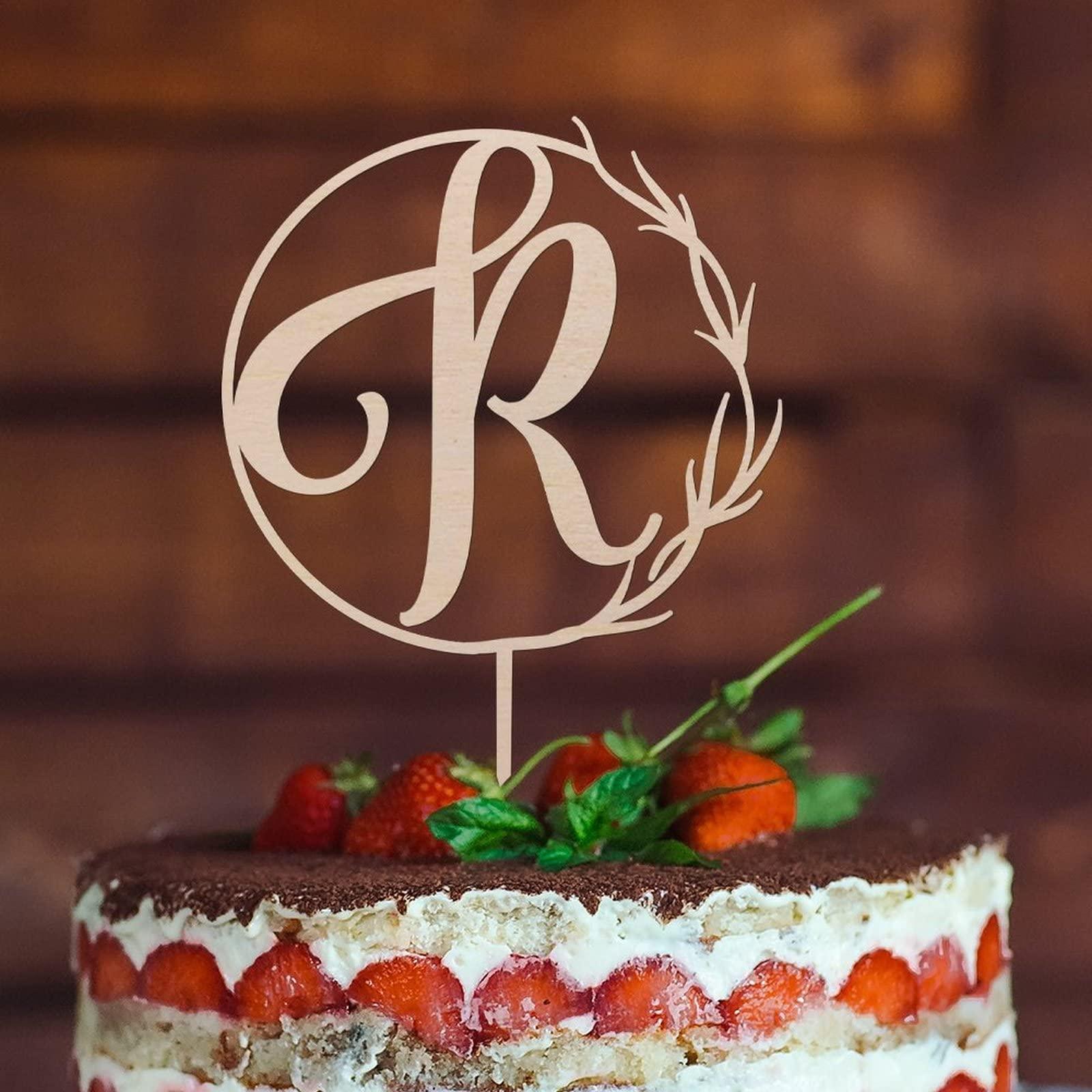 Vinisong Vinisong Personalized Initials Cake Topper Wreath Letter R Cake Topper Wood Monogram Cake Topper Rustic Wedding Cake Topper Birthday Cake Decoration(Design 06,R)