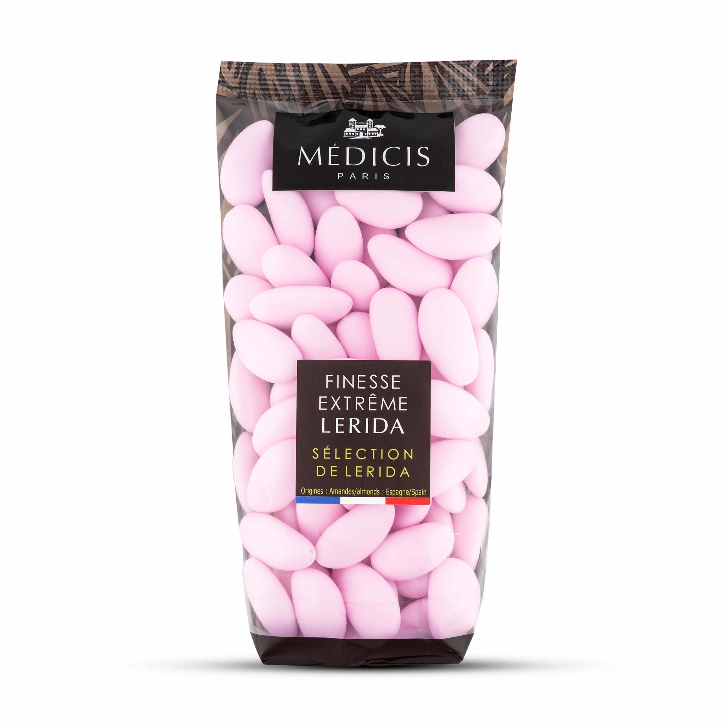 MEDICIS Medicis Premium Candied Almond Dragees (French Jordan Almonds) Sugar Coated Candies Ideal as a Party Favor for Weddings and Baby Showers 75 count bag 8.8oz (Pink)