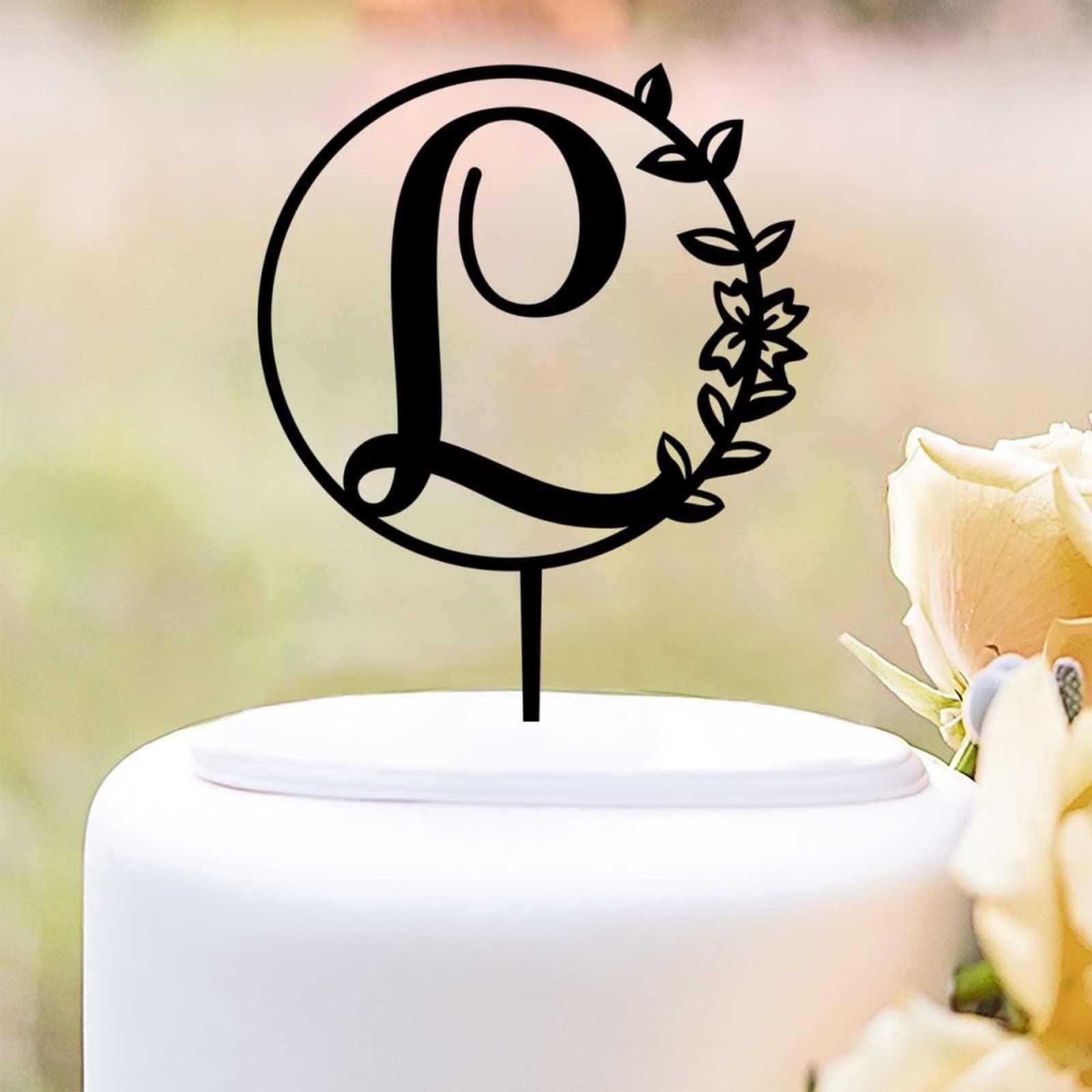 buythrow Custom Initial Cake Topper,Black Wedding Cake Toppers Initials L,Initials Monogram Cake Topper,Botanical Topper,Wedding Engagement Birthday Cake Decorations