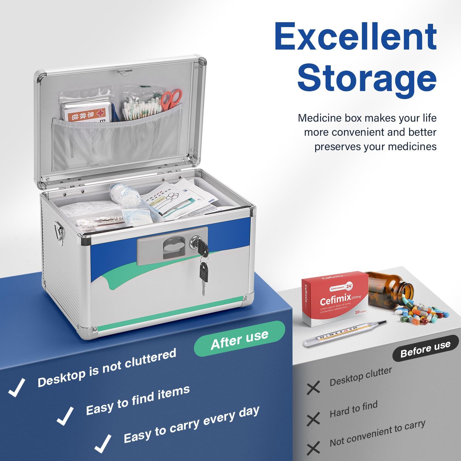 GODLONSEN GODLONSEN Medicine Lock Box for Safe Medication - 15 x 8.7 x 9.4 Inches - Lockable Storage Box for Drugs, First Aid Kit Empty, Lock Boxes with Key for Home/Outdoor (Blue/X-Large)