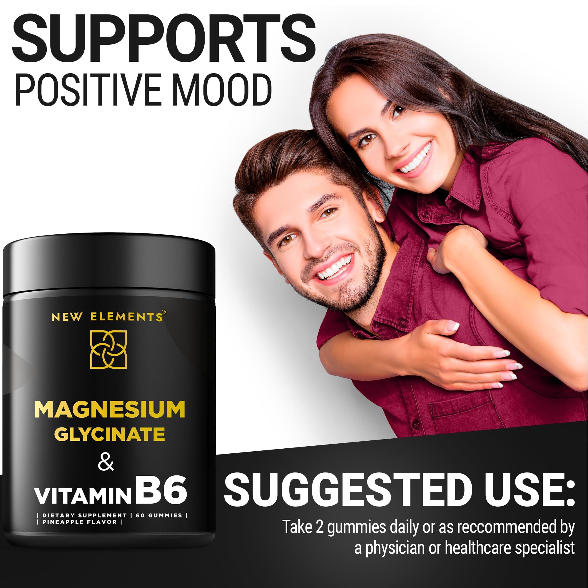 New Elements Magnesium Glycinate Gummies 500mg with Vitamin B6 100mg for Adults and Kids - High Absorption | Non-GMO | No Gluten | Stress Relief | Sleep & Relaxation | Muscle & Heart Support | Natural & Vegan