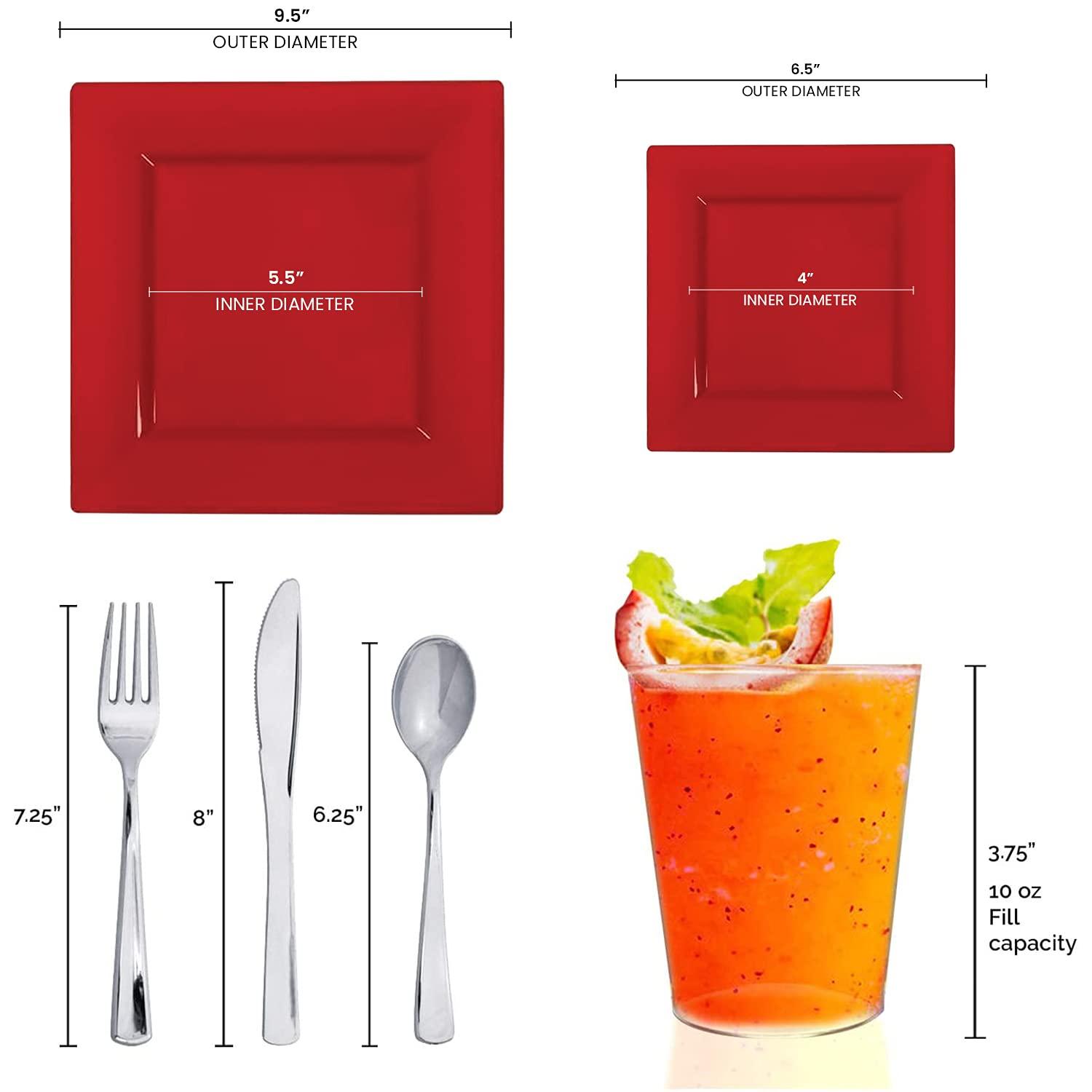 Smarty Had A Party Elegant Disposable Plastic Dinnerware Set, Heavy Duty Plastic Plates (Red, Wedding Value Set (60 Guests))