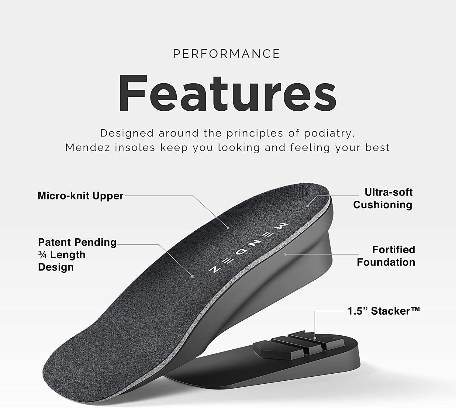 Mendez Mendez Premium Height Increase Insole - Advanced Comfort and Ergonomics, Shoe Lifts for Men & Women (Size 7-12), Heel Lifts for Shoes, Elevator Shoe, Height Increasing, 1.5 inch