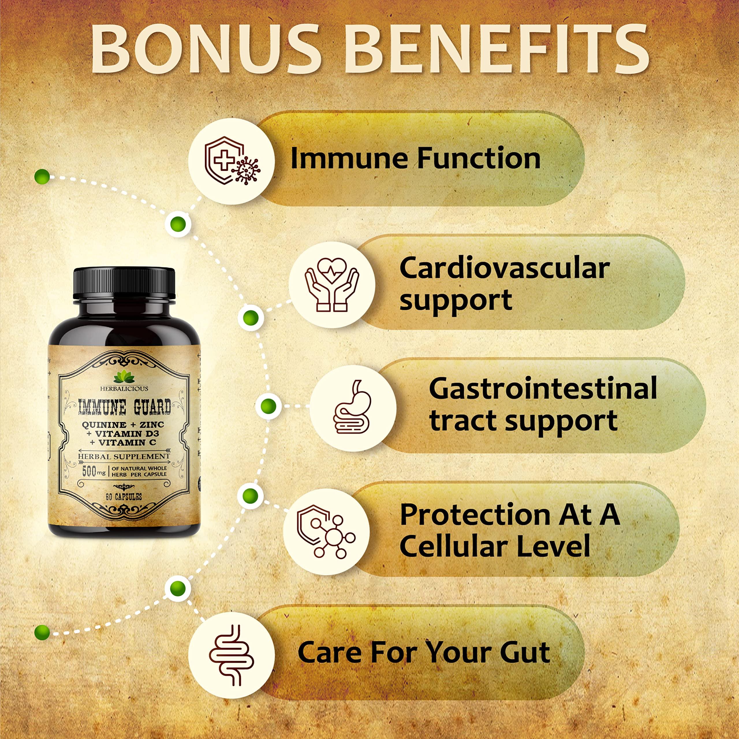 HERBALICIOUS HERBALICIOUS Quinine Immune Guard - Quinine Capsules Supplement with Vitamin C, D3, Zinc - for Muscle Cramps Relief & Stomach Wellness - Non-GMO Cinchona Bark Herbal Supplements - 500mg, 60 Capsules