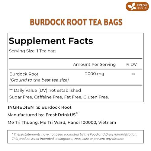 FRESHDRINKUS FreshDrinkUS, Premium 75 Burdock Root Tea Bags, 100% Natural & Pure from Burdock Root. Burdock Root Herbal Tea. Made with Natural Material Tea Bags. No Sugar, No Caffeine, No Gluten, Vegan.