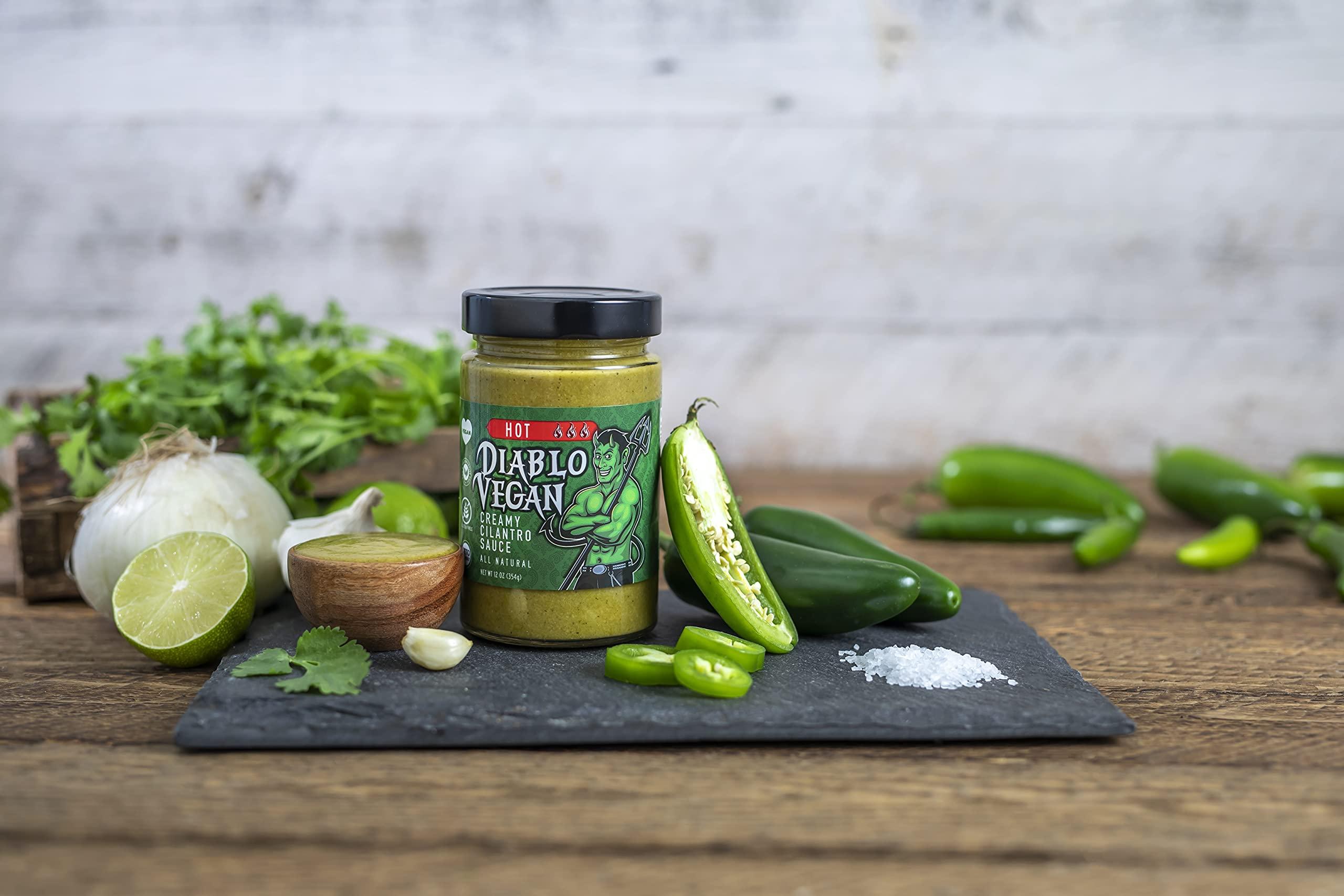 Diablo Verde Diablo Vegan Hot Salsa, All Natural Creamy Cilantro Sauce, 12.5 oz bottle, Made with Lime Juice, Cilantro, Garlic, & Jalapenos, Free of preservatives, gluten, soy, eggs, and nuts (6-pack)