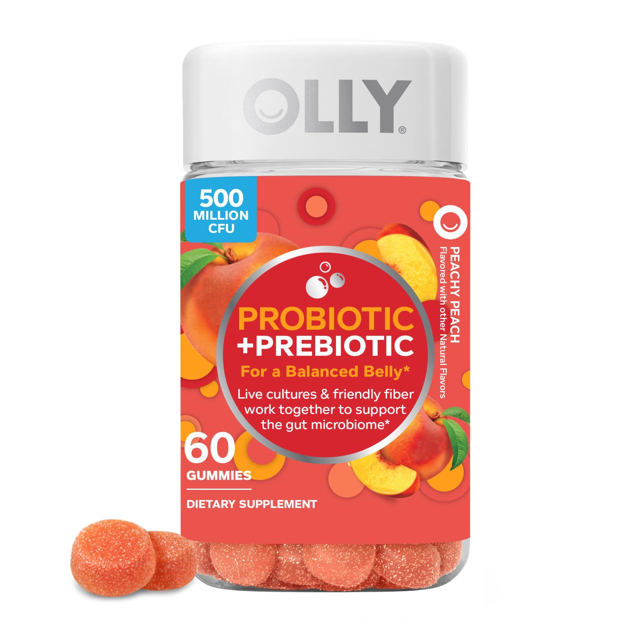 OLLY OLLY Probiotic + Prebiotic Gummy, Digestive Support and Gut Health, 500 Million CFUs, Fiber, Adult Chewable Supplement for Men and Women, Peach, 30 Day Supply - 60 Count
