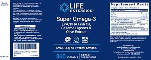 Life Extension Life Extension Super Omega-3 360 Softgels (Pack of 2), Easy to Swallow, EPA/DHA Omega3 Fish Oil, Sesame Lignans & Olive Extract
