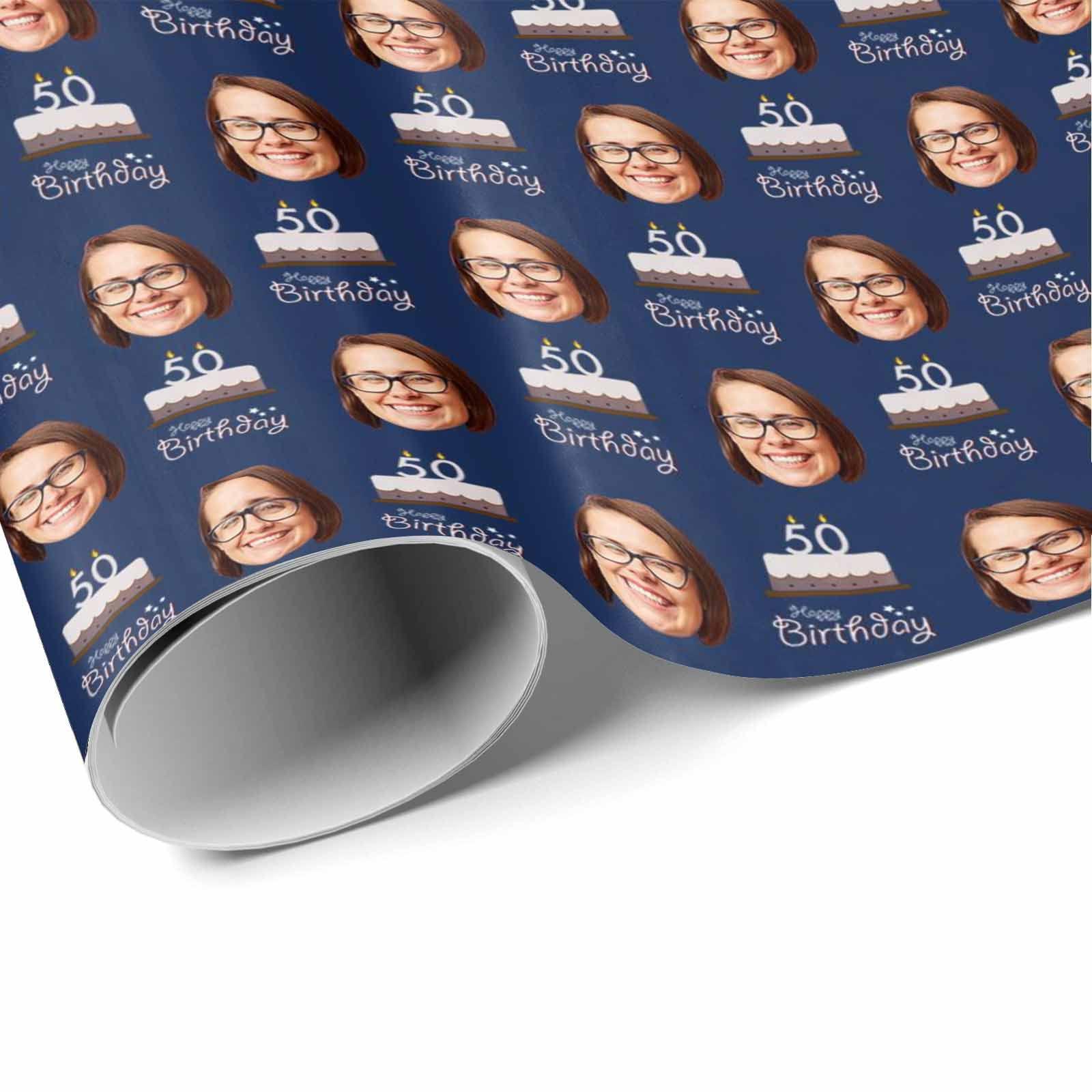 InterestPrint Personalized Photo Wrap Paper, Happy 50th Birthday Cake Navy Blue Customized Funny Face Wrapping Paper Roll Birthday Gift for Boys Girls Baby Shower Wedding Anniversary 58x23 inch 1 Roll