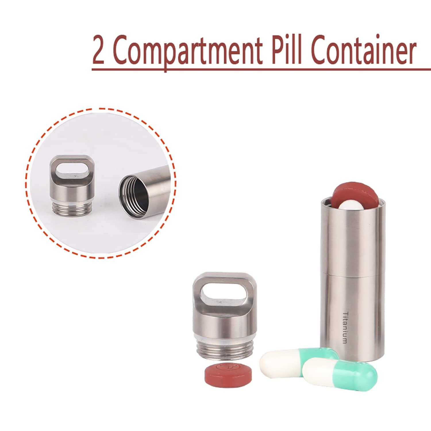 DXDUS Keychain Pill Holder Titanium Waterproof, Portable Pill Container Outdoor EDC Pill Case, Metal Travel Pill Box Medicine Storage, Discreet Pill Carrier with 2 Compartment, BPA Free