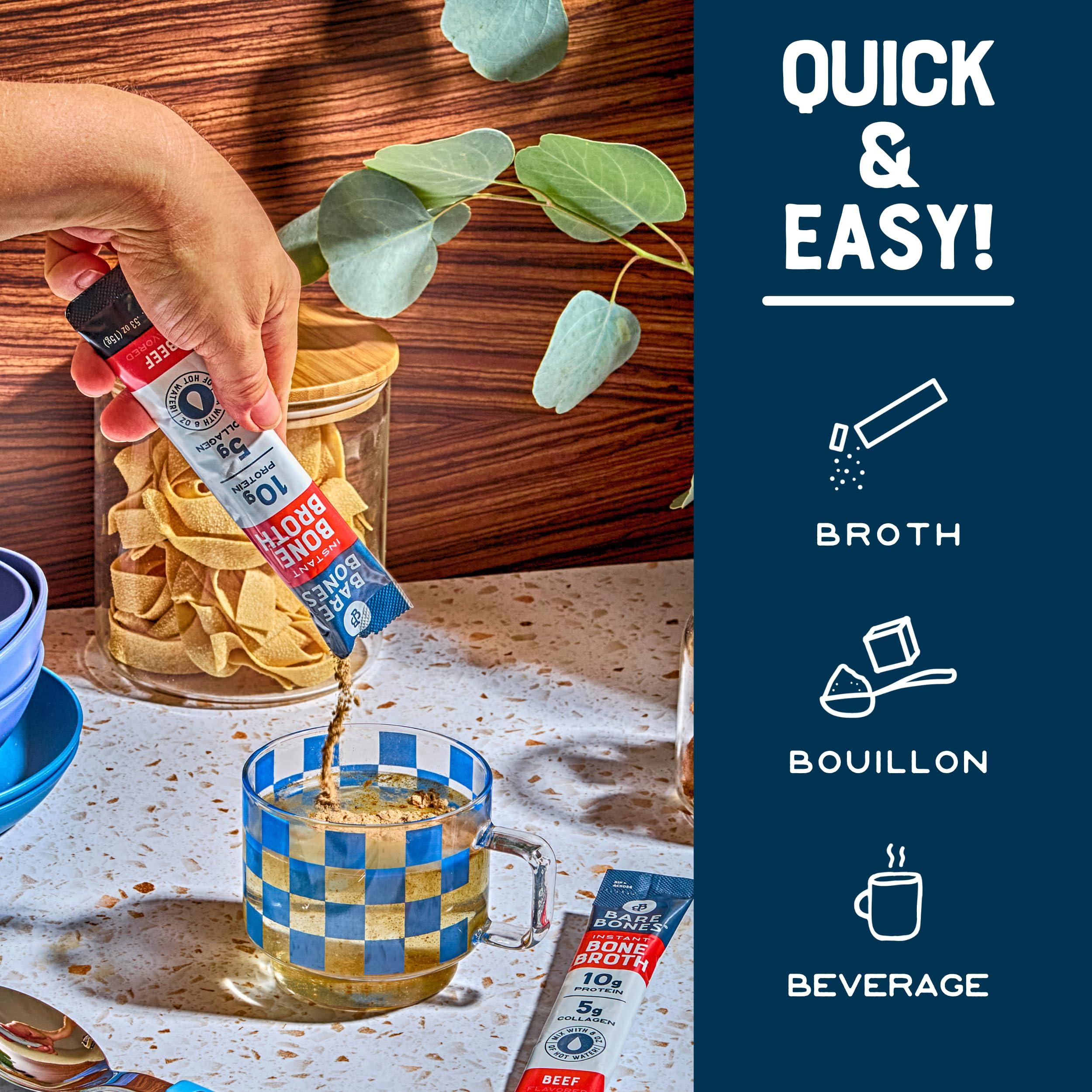Bare Bones Bare Bones Beef Bone Broth Instant Powdered Mix | Rich Savory Packets on-the-Go No Artificial Flavors | 100% Grass Fed Keto & Paleo Friendly | Sticks 10g Protein | 32 Pack