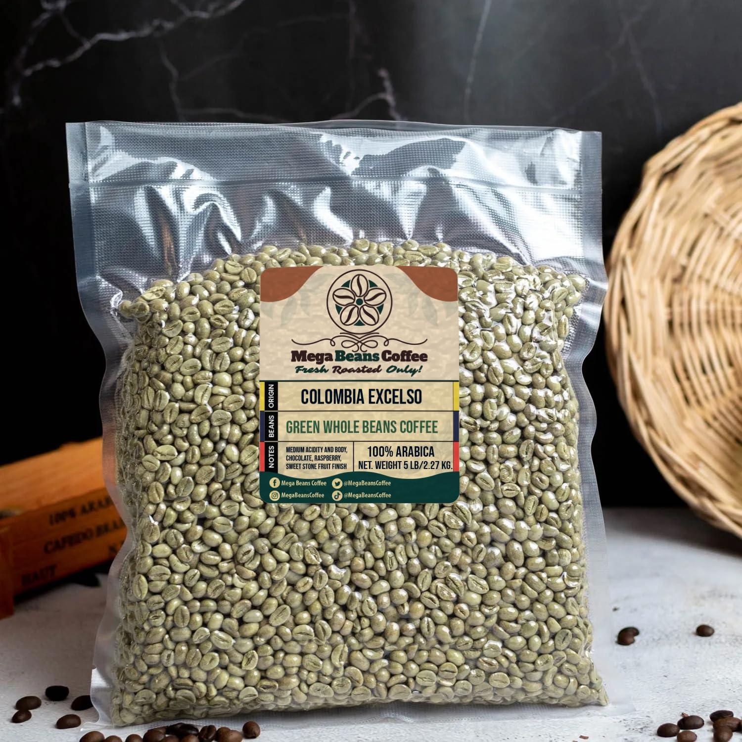 Mega Beans Coffee Unroasted Green Coffee Beans, Mega Beans Coffee, Colombia Ixtapa Excelso, 100% Arabica (5LB)