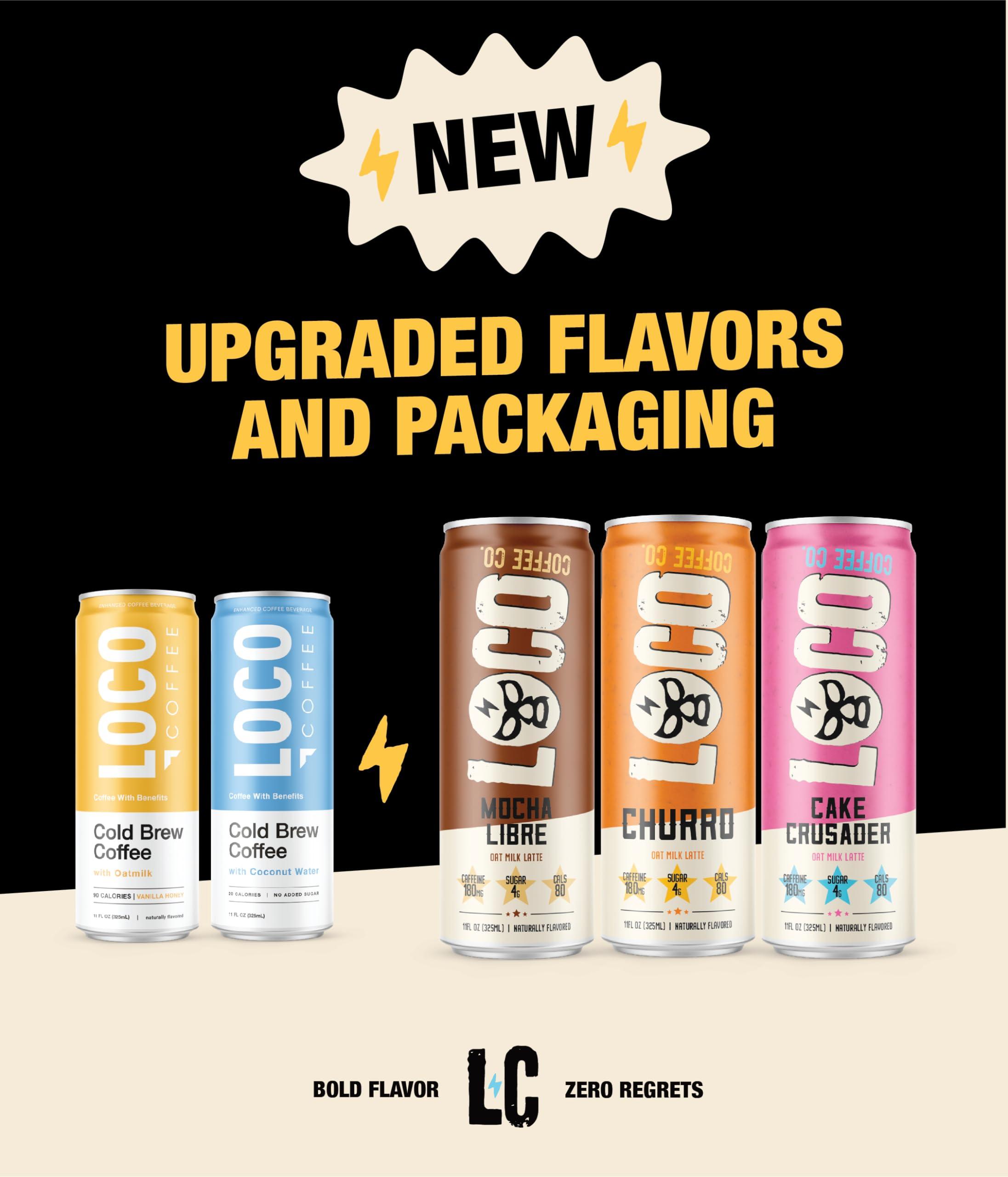 Loco Life Brew Loco Coffee Mocha Oat Milk Latte Cold Brew Coffee [Mocha] 11 Ounce Can, 12 Count | Medium Roast, 180mg Caffeine | Gluten Free and Dairy Free | Low Sugar, Low Calorie Iced Coffee