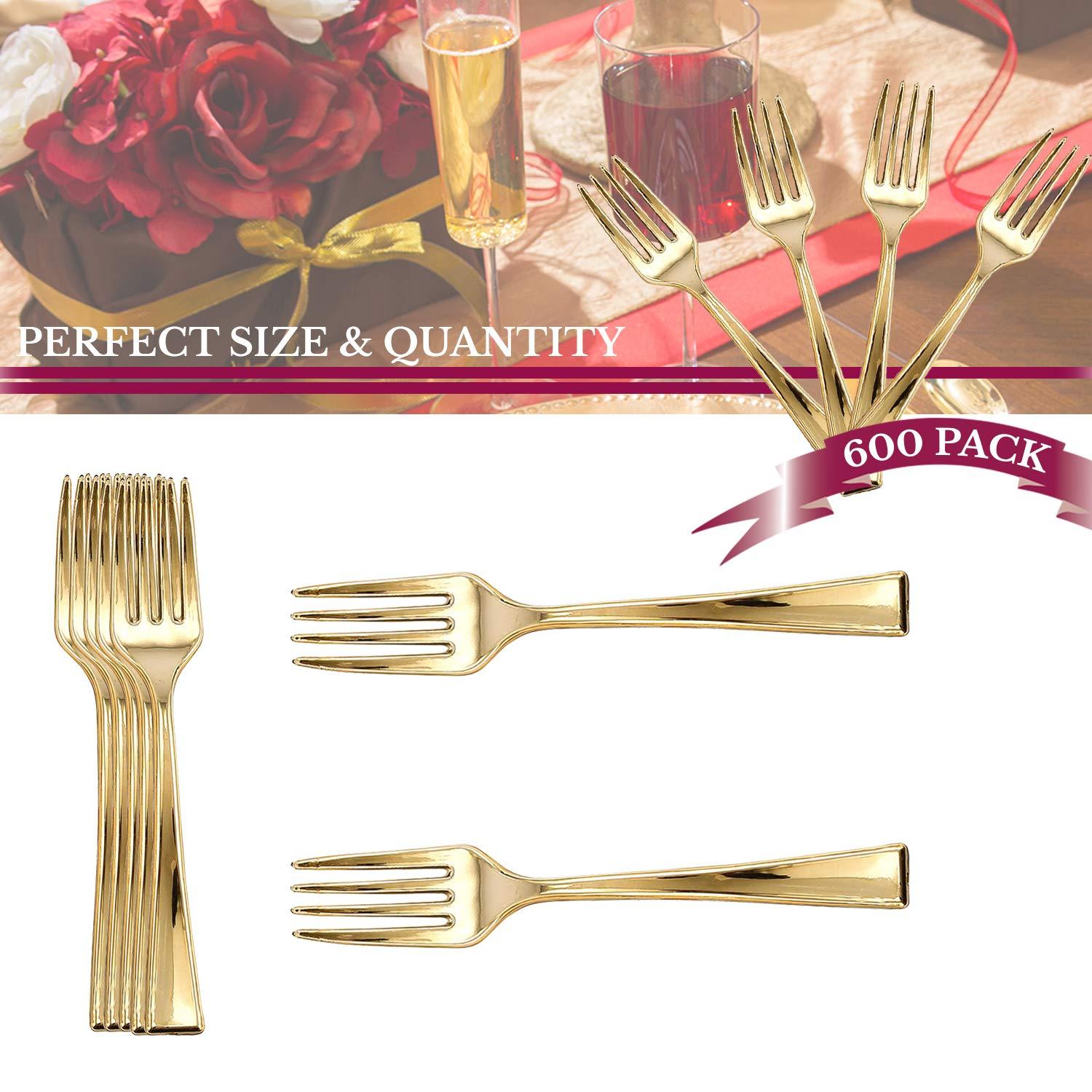 Smarty Had A Party Plastic Gold Forks 600 Pcs - Disposable Appetizer Forks - 4" Mini Salad Forks - Small Dessert Cocktail Fork Set - Bulk Party Silverware Utensils Catering Supplies For Wedding, Birthday & All Occasions