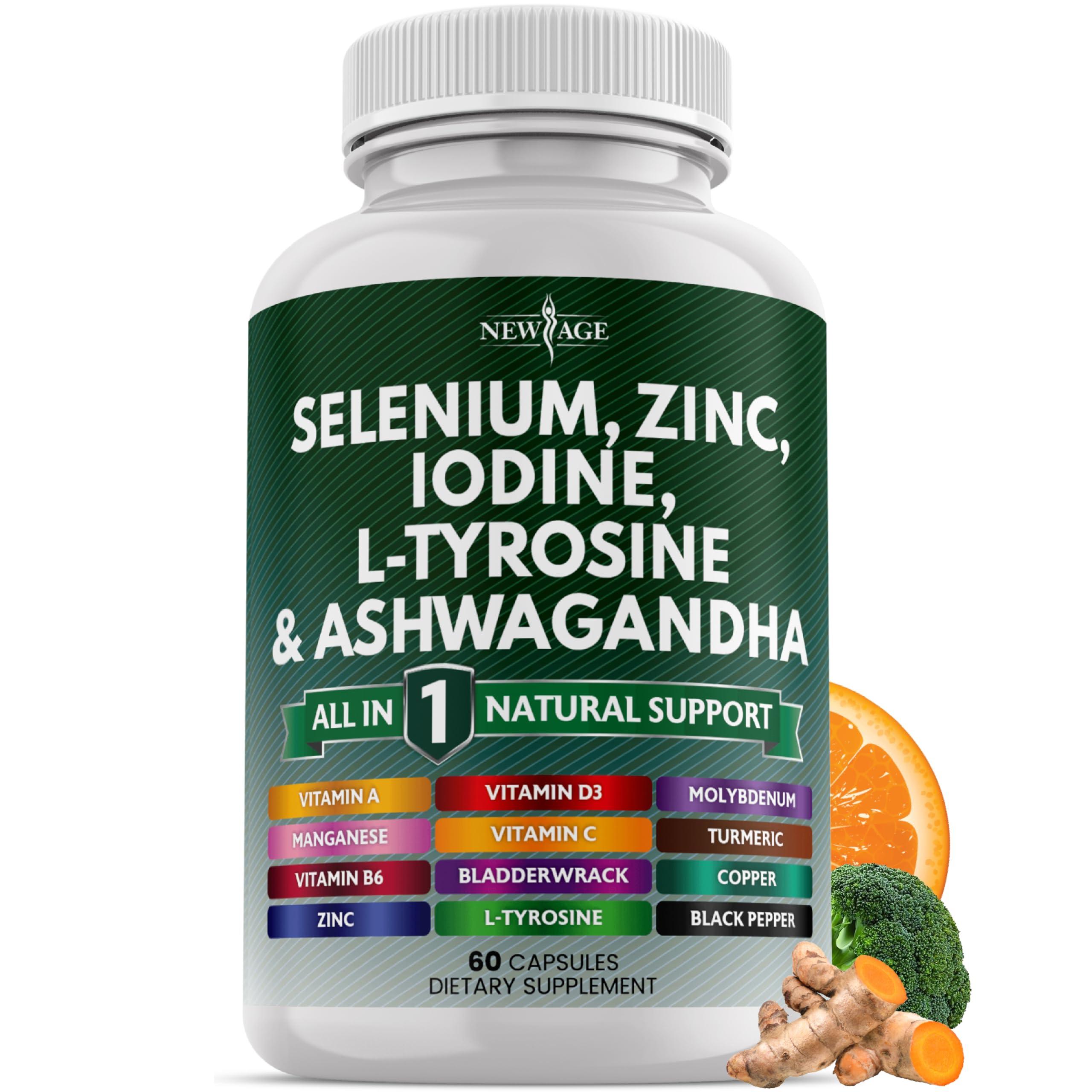 NEW AGE Selenium, Zinc, Iodine, L Tyrosine, Ashwagandha - Thyroid Support Supplement for Women and Men with Bladderwrack, Turmeric, Silica Kelp, Schisandra - 60 Count