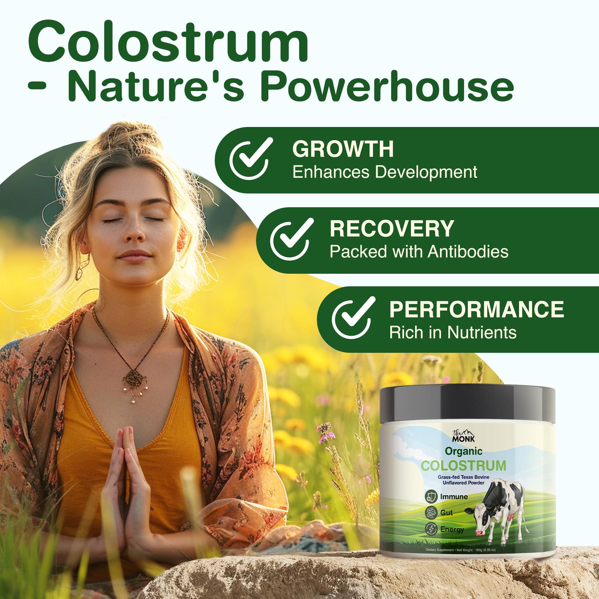 THE MONK Colostrum Supplement - Grass Fed Texas Bovine Whole Colostrum Powder for Immune, Gut & Wellness - Ultimate Ig Superfood - Unflavored - 100% Pure - 6.35 Oz - 90 Servings (Best Value) - Made in The USA