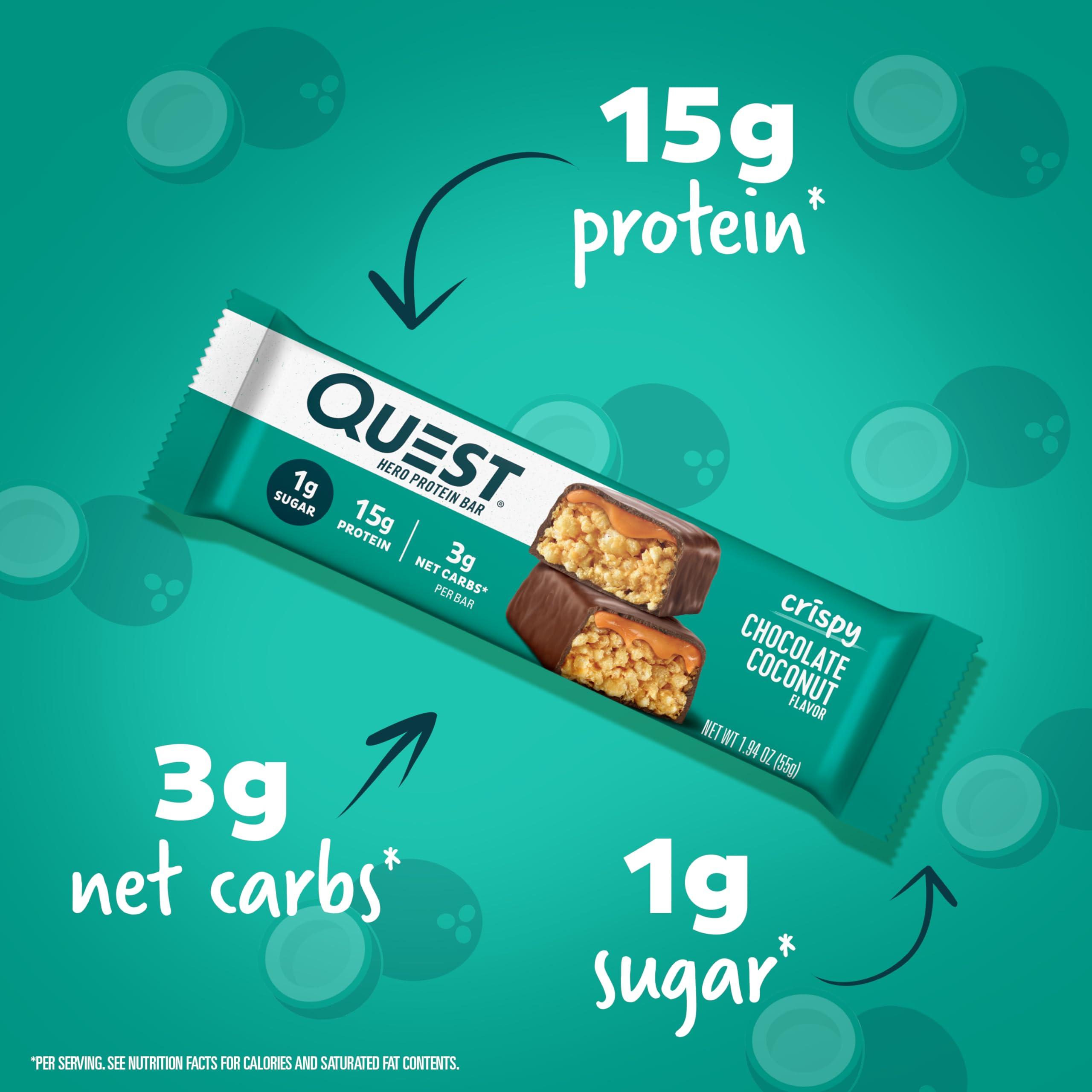 Quest Nutrition Quest Nutrition Crispy Chocolate Coconut Hero Protein Bar, 15g Protein, 1g Sugar, 3g & S\'mores Protein Bar, High Protein, Low Carb, Gluten Free, Keto Friendly