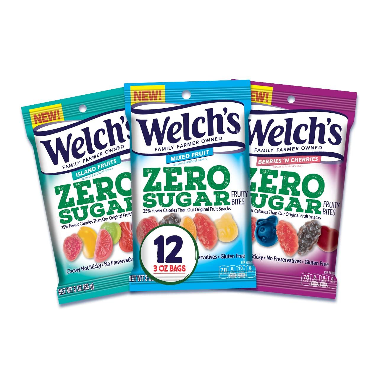 Welch's Welch’s Fruit Snacks, Zero Sugar Variety Pack with Mixed Fruit, Berries 'N Cherries & Island Fruits, Gluten Free, 3 oz (pack of 12)