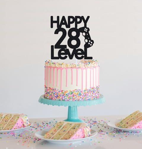 LVUPKFF Level 28th Birthday Cake Topper for Men 28 year Video Game Theme Party Decoration, Handmade, Black