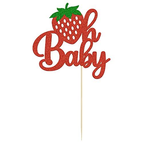 Gyufise 1Pc Strawberry Oh Baby Cake Topper Red Glitter Babyshower Strawberry Cake Pick Decoration for Sweet Fruit Theme Baby Shower Kids Birthday Party Supplies