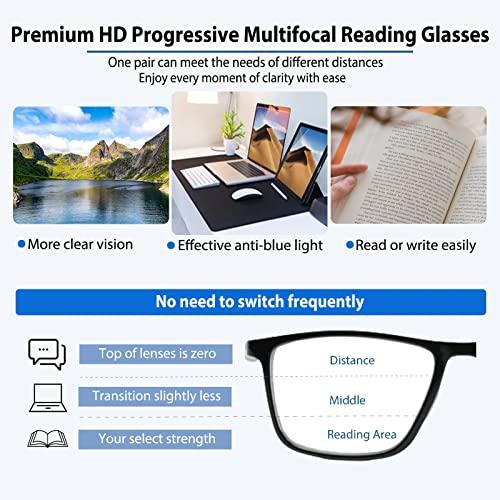 K.LAVER Photochromic Progressive Multifocus Reading Glasses unisex Lightweight Blue Light Blocking Multifocal Reader Flexible TR90 UV400 Protection Transition Sunglasses With Spring Hinges No Line Eyewear 3.0