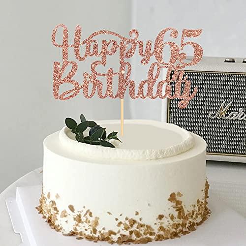 Halodete Happy 65th Birthday Cake Topper, 65th Birthday/Anniversary Party Supplies, Cheers to Sixty-five Years Party Decoration - Rose Gold Glitter