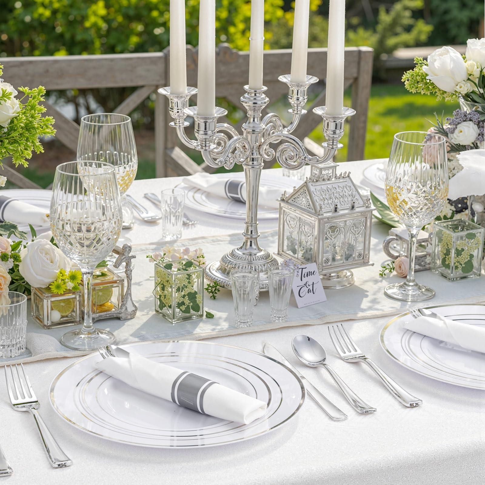 WDF Partyware WDF Partyware 350 Pcs Silver Plastic Plates - Silver Dinnerware Set of 50 Dinner Plates 50 Dessert Plates 50 Silverware 50 Napkins 50 Cups for Party&Wedding