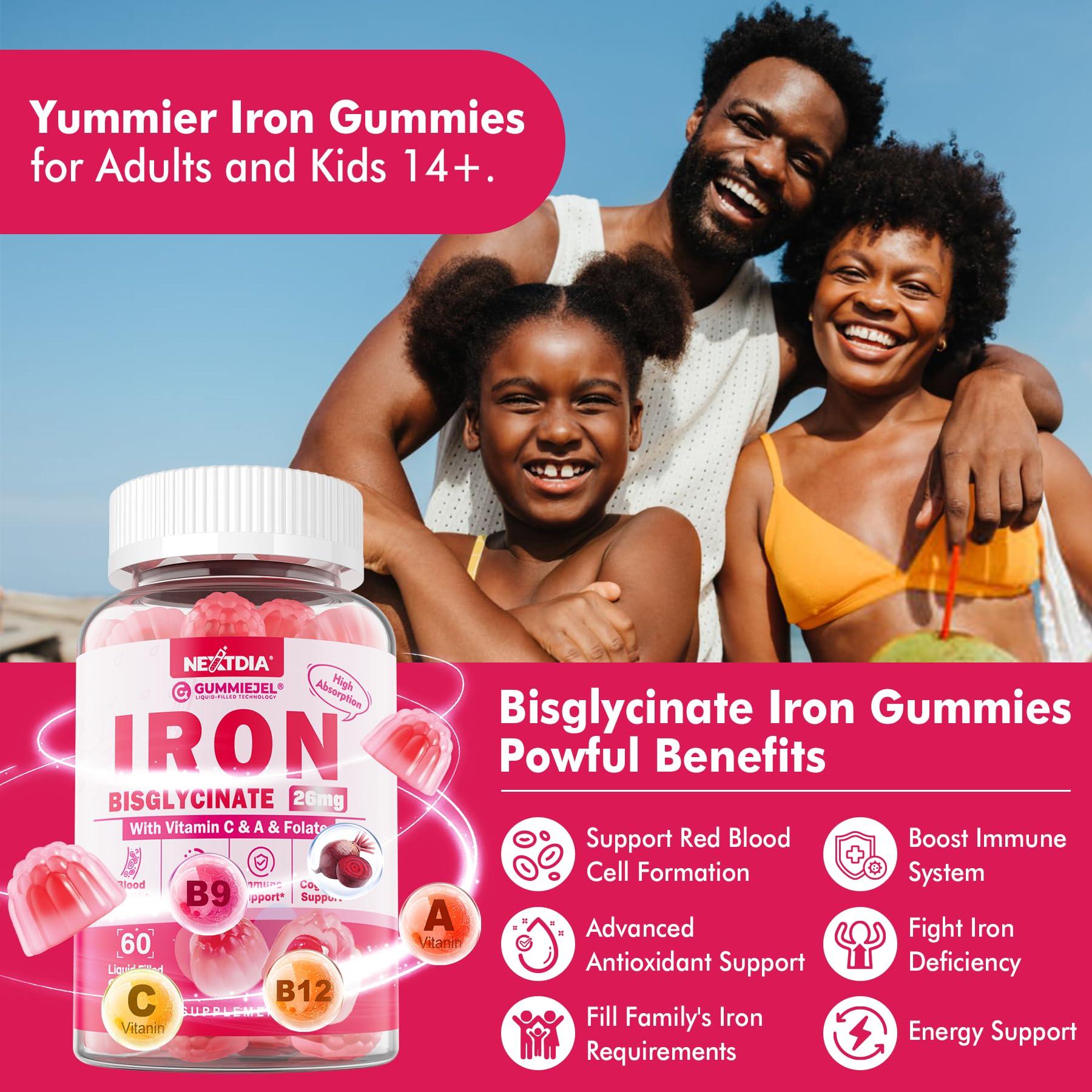 NextDia Iron Bisglycinate 26mg Filled Gummies - Gentle Beet Root Iron Gummy plus Vitamin C, Supplement Iron with B12 & Folate for Women & Men, Iron Deficiency, Immune & Energy Support, Sugar-Free, Vegan,60Cts