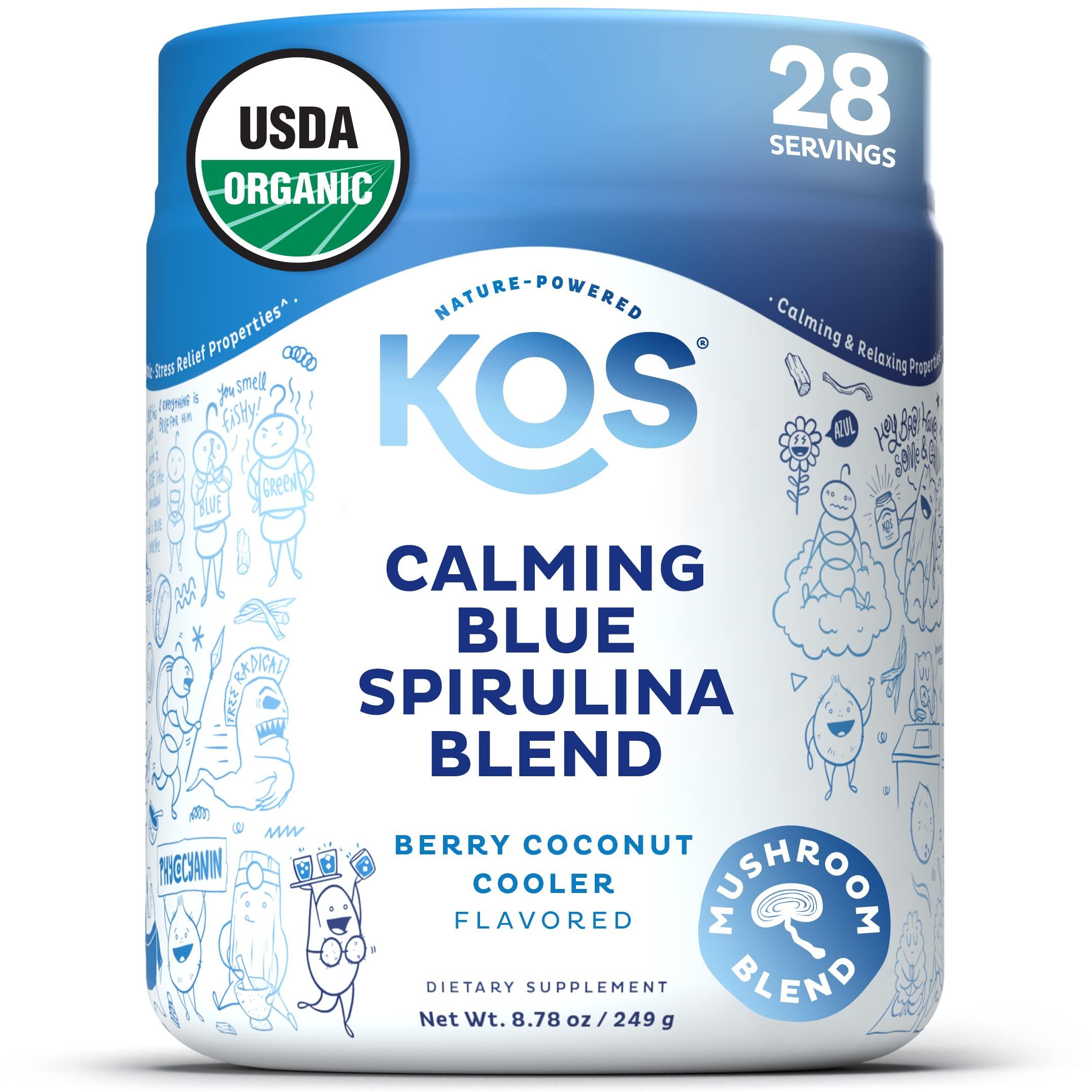 KOS KOS Calming Blue Spirulina Blend- USDA Certified Organic - Algae Superfood Powder with Ashwagandha Root, Lemon Balm, Reishi Mushroom, B Vitamins - Berry Coconut Cooler Flavor, 28 Servings