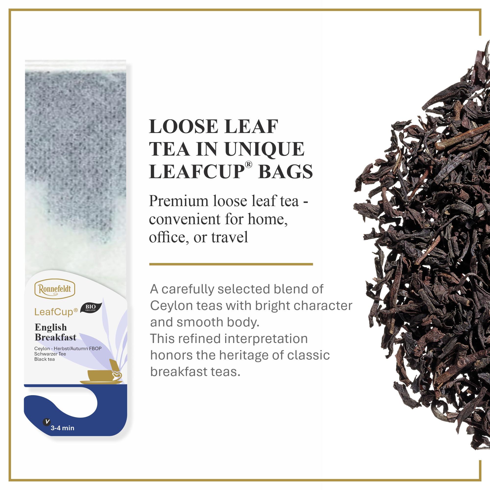 Ronnefeldt Ronnefeldt LeafCup English Breakfast - Black Tea Ceylon Summer Bags Tea Loose Leaf, 15 Individually Wrapped Tea Bags with Cardboard Tag to Hook on Cup - Strong, Smooth, Caffeinated - Hot or Iced