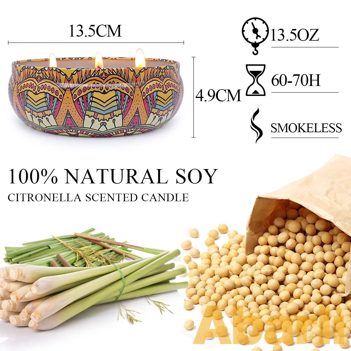 Abarli Abarli Citronella Candle Outdoor Large 3 Wick 13.5oz Soy Wax with Cover for Patio Porch, 75 Hour Burn, Blue and White, Citronella Candle